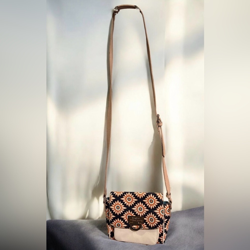Spartina Floral Patterned Crossbody Bag - Tan and Black 8x9in with 23in strap